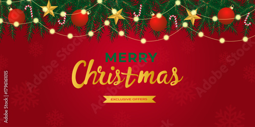 Christmas balls Red and white striped hang on red satin ribbon with bow. Xmas background for l festive mood for holiday campaigns, winter celebrations, festive greeting cards, or seasonal marketing of