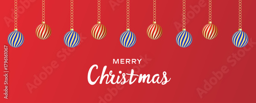 Merry Christmas and Happy new year sale ornaments, and gold star and snowflakes, lights. Holiday greeting card banner design on red background, Vector illustration