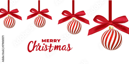 Christmas balls Red and white striped hang on red satin ribbon with bow. Xmas background for l festive mood for holiday campaigns, winter celebrations, festive greeting cards, or seasonal marketing of