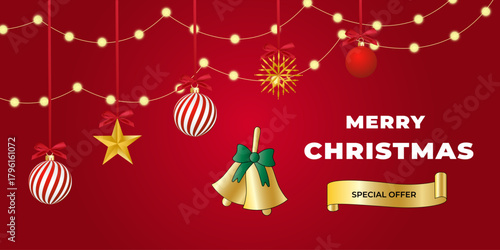 Merry Christmas and Happy new year sale ornaments, and gold star and snowflakes, lights. Holiday greeting card banner design on red background, Vector illustration