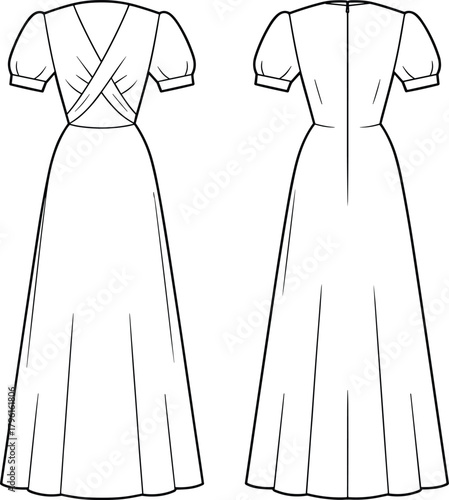 Elegant women’s long dress CAD fashion flat sketch with puff sleeves, crisscross bodice, back zipper, sewing pattern, vector illustration design