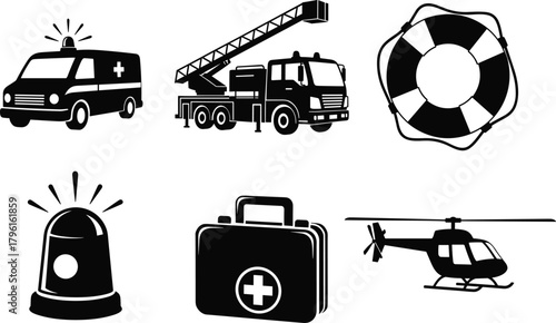 Emergency rescue and medical service icons vector illustration, ambulance, fire truck, first aid kit, helicopter, siren light, and lifebuoy silhouette design
