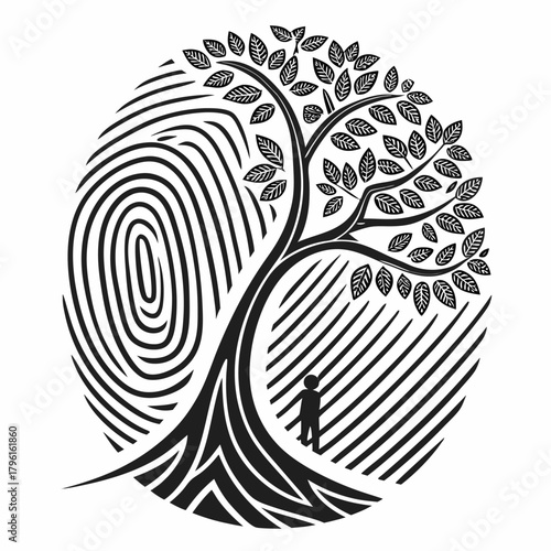 Silhouette of Person Under Tree with Fingerprint Background
