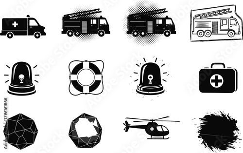 Emergency rescue and safety service icons vector illustration, ambulance, fire truck, helicopter, lifebuoy, first aid kit, siren light, and abstract shapes design