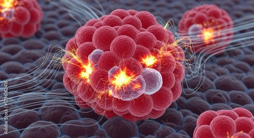 Cluster of spherical biological forms experiences intense energy discharges against a dark cellular background