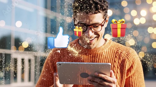Smiling man uses a tablet; like, gift icons float; bokeh background