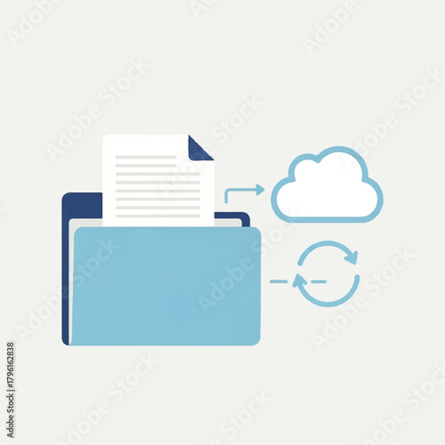Flat minimal 2D vector icon illustrating cloud data storage and synchronization with a document folder