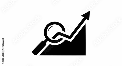 Magnifying glass analyzing a rising arrow graph icon.