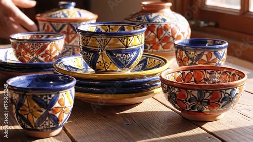 Colorful ceramic bowls and plates, displaying intricate floral patterns, arranged on a wooden table