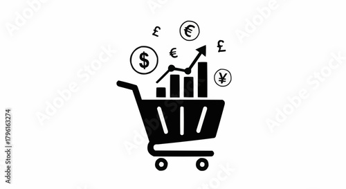 Shopping cart icon with rising stock market graph and global currency symbols.