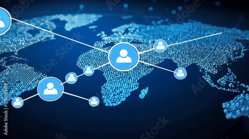 Digital Global Social Network Connection Blue World Map with People Icons, Big Data, and Telecommunication Technology
