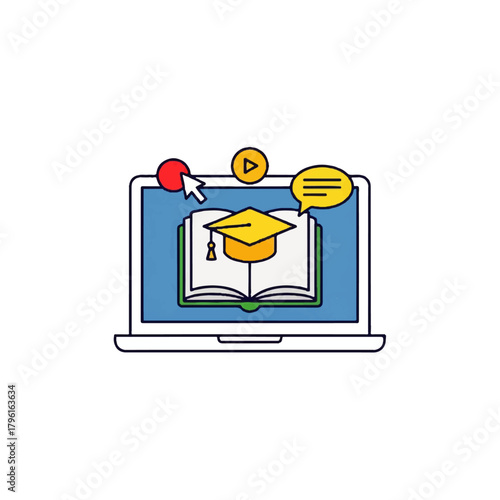 Online learning and education concept with graduation cap on an open book and multimedia icons on a laptop screen