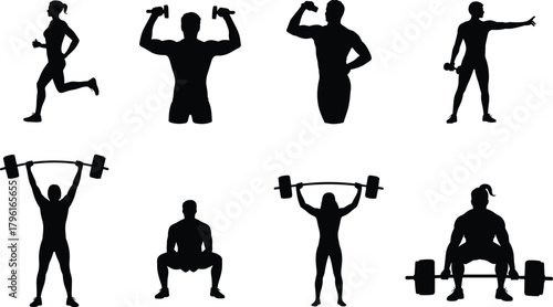 Fitness and workout silhouette vector illustration showing men and women training, lifting weights, running, exercising, and building muscular body strength