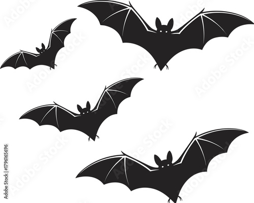 Flying bats silhouette illustration for Halloween night design, spooky animal vector art for decoration, horror, gothic, and dark themes.