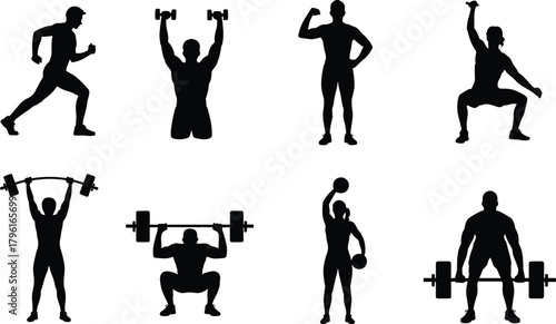 Fitness and bodybuilding silhouette vector illustration showing men and women weightlifting, training, exercising, workout, and strength poses for gym design