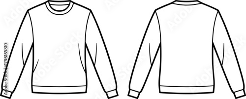 Front and back sweatshirt flat sketch, fashion technical cad drawing vector template for apparel design, clothing production and garment illustration