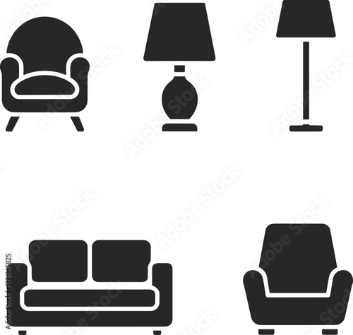 Furniture silhouette vector illustration set, modern sofa, armchair, and lamp icons for interior design, home decoration, living room, and furniture store branding
