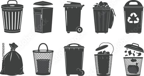 Garbage bin and trash can silhouette vector illustration set showing waste containers, recycle bins, and rubbish bags for environmental design.