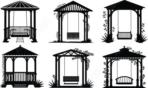Garden gazebo swing silhouette collection, outdoor pavilion vector set with pergola designs, vintage wooden structures, patio architecture illustration art.