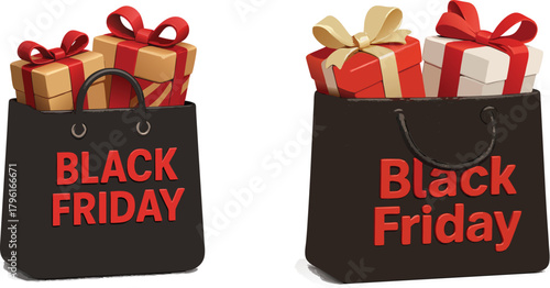 Black Friday shopping bags filled with wrapped gift boxes and red ribbons isolated on white background