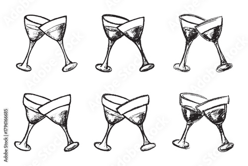 Set of hand drawn wine glasses clinking together Alcohol drink clipart in doodle style Single element for print, web, design, decor Happy New Year