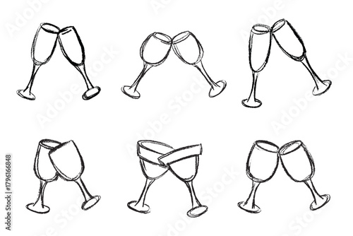 Set of hand drawn wine and champagne glasses Alcohol drink clipart in doodle style Single element for print, web, design, decor Happy New Year