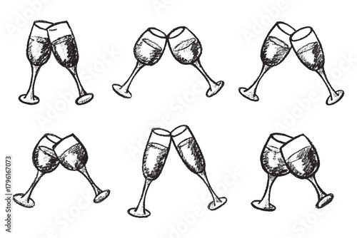 Set of hand drawn wine and champagne glasses Alcohol drink clipart in doodle style Single element for print, web, design, decor Happy New Year