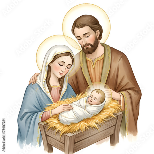Nativity Scene with Holy Family, Mary, Joseph, and Baby Jesus, watercolor illustration