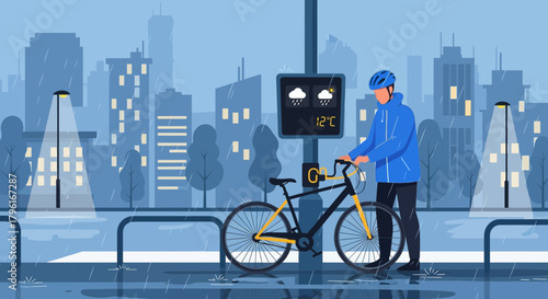 Cyclist pausing during a rain shower near a digital weather display in the city