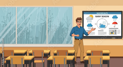 Animated Classroom Scene with Teacher Presenting Rainy Season Weather Facts