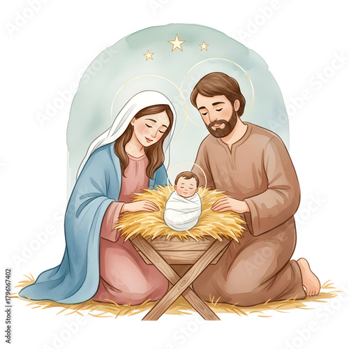 Nativity Scene with Holy Family, Mary, Joseph, and Baby Jesus, watercolor illustration