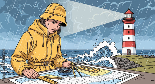 Navigational Challenges: Seafarer Charting Course Amidst Coastal Storm