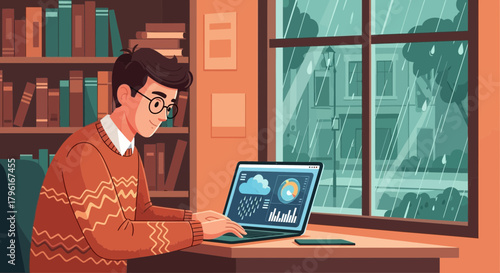 Illustrative study from home setup featuring weather data on a laptop display