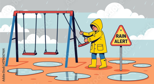 A rainy day at the playground: a cartoon illustration about climate change