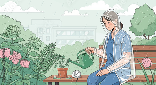 Rainy day gardening: woman in raincoat watering plants in a garden setting