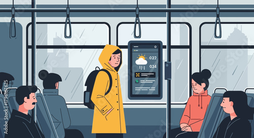 Raining day bus ride reflections on weather display urban transit scene