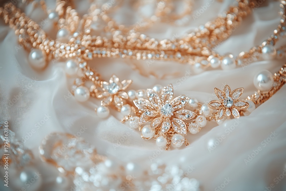 Obraz premium Intricate and elegant gold tiara adorned with shimmering pearls and sparkling gemstones on a soft white background