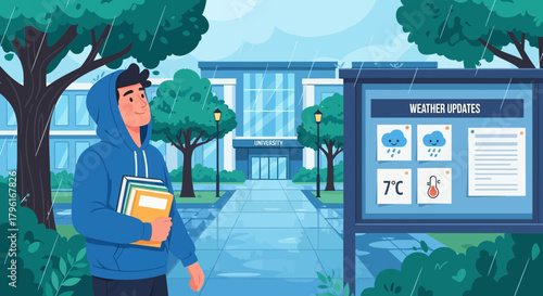 Rainy day at university: a student checks the weather forecast information board