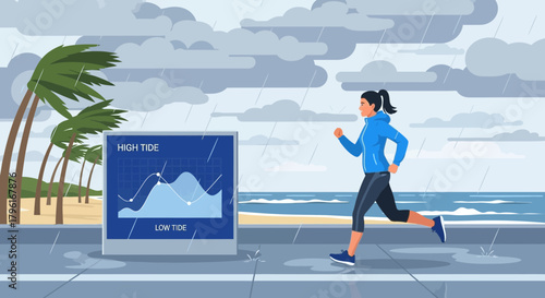 Resilient runner persevering through a stormy weather near the shore and waves