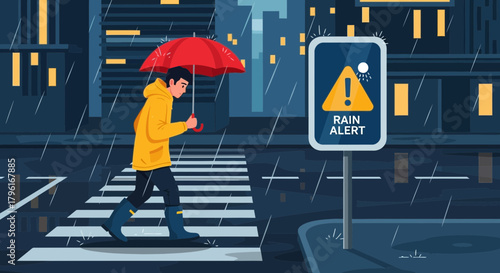 Pedestrian navigating urban crosswalk in rainy weather with alert signage
