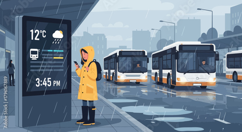 Woman checks public transit information in the rain at bus stop platform