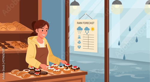 Animated bakery employee in a shop on a rainy day with pastries displayed