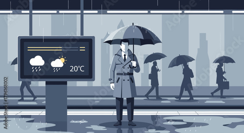 Metropolitan commuters under umbrellas in inclement weather with temperature display