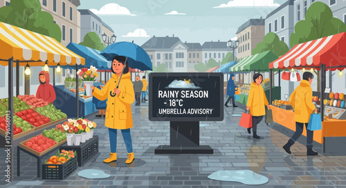 Rainy Day Market Scene: People Shopping for Fresh Produce and Flowers in the Rain