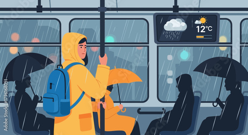 People riding a bus on a rainy day, wearing raincoats and holding umbrellas