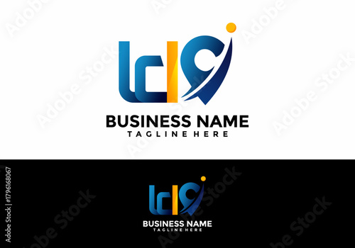 LdG" Lettermark Logo Design Featuring a Stylized 'G' Location Icon Pin with Integrated Swoosh Element and Orange Dot Accents, Presented in Blue and White Color Variations for Business Branding