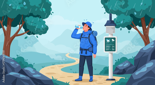 Hiker hydrating during rainy mountain trek, weather station nearby with info