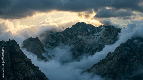 Aerial View of Golden Sunbeams Breaking Through Dramatic Clouds and Overcast Sky Above