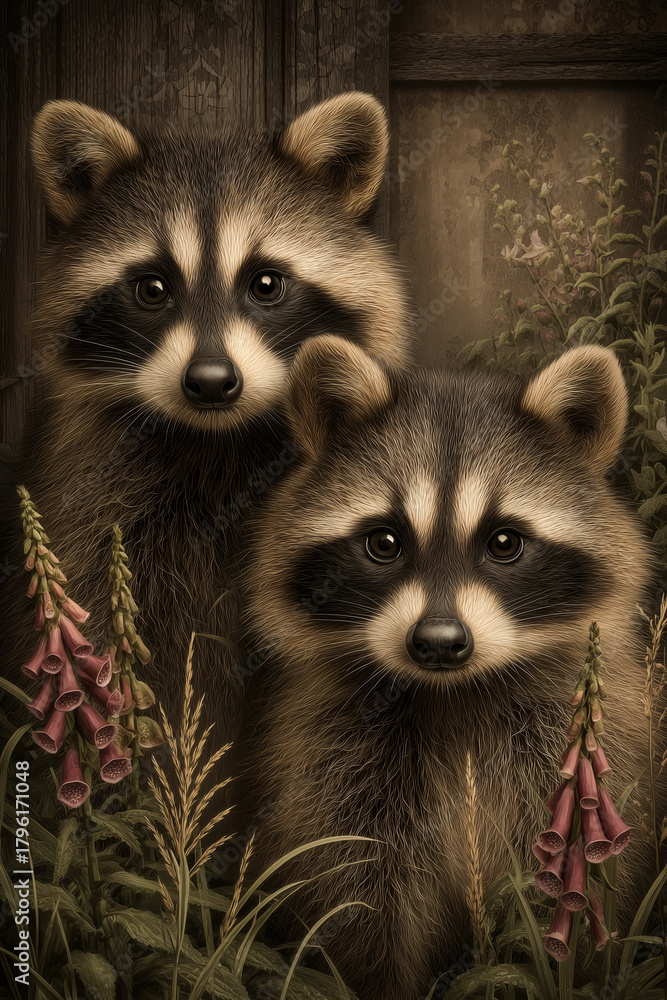 Obraz premium Two Young Raccoons Closeup Animal Portrait, Wood Fence Foxglove Flowers, Vertical Illustration