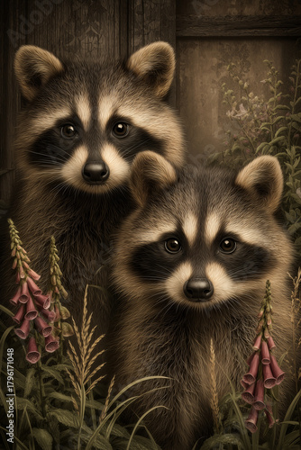 Two Young Raccoons Closeup Animal Portrait, Wood Fence  Foxglove Flowers, Vertical Illustration